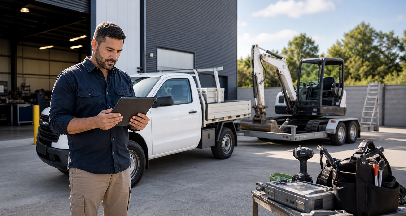 Business owner reviewing asset finance beside work equipment